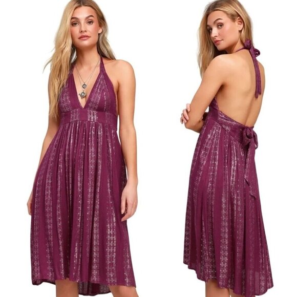 Lulus Dress Women XS Purple‎ Magenta Charlize Metallic Striped Halter Midi NWT - Picture 1 of 15